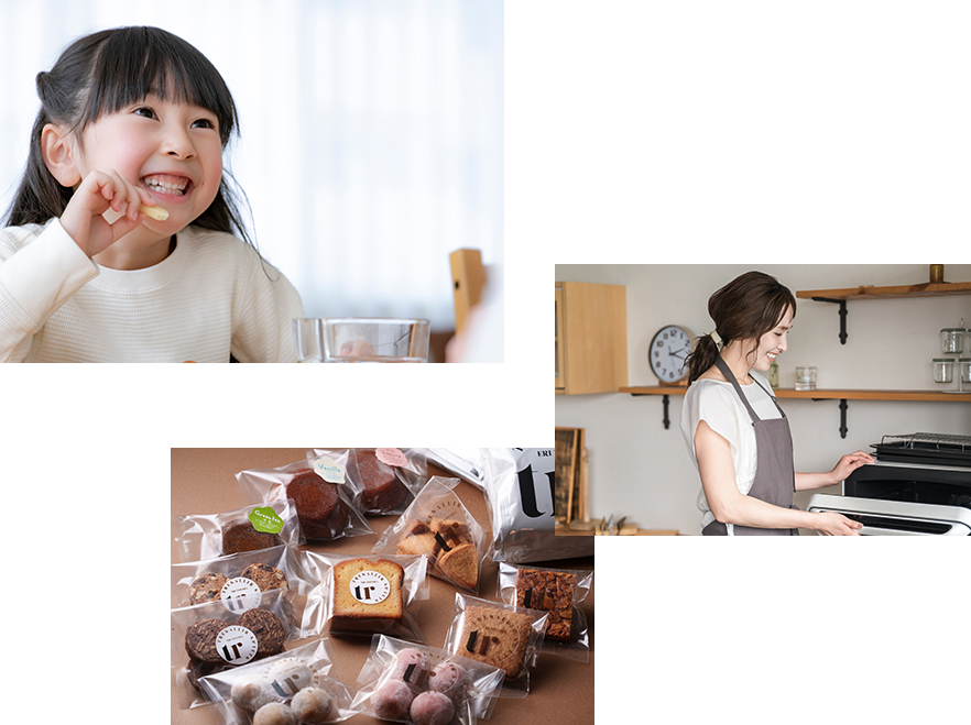 お菓子を食べる子ども、お菓子を作る女性、トレザイールの焼き菓子